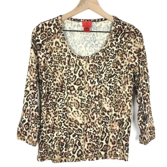 V CRISTINA Top Blouse Leopard Animal Print 3/4 Sleeves Metallic Mob Wife Medium - Picture 1 of 7